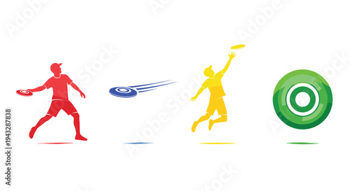 Athletes playing ultimate frisbee with colorful silhouettes and disc graphics