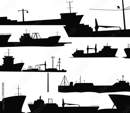 Collection of Black Silhouettes of Various Cargo Ships and Vessels on White Background freighter maritime