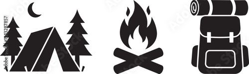 Outdoor camping and adventure vector icons set. Tent, campfire, and backpack symbols.