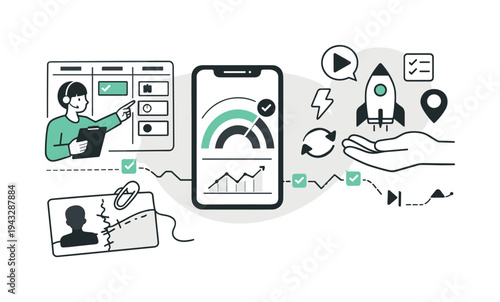 Modern minimal flat vector conceptual collage, crisp hard edges, consistent THIN outline stroke, rounded corners where needed,