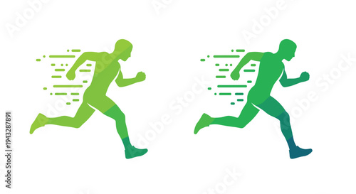 Dynamic green gradient silhouettes of runners in motion with speed lines