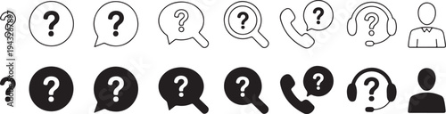 help faq icon set question mark user support chat call headset