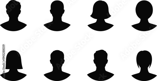 Collection of eight black silhouette head and shoulder profiles of diverse people shoulders person