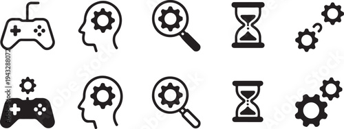 controller icon set game development head magnifier hourglass gears