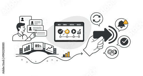 Modern minimal flat vector conceptual collage, crisp hard edges, consistent THIN outline stroke, rounded corners where needed,