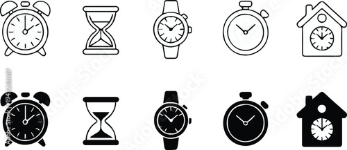 clock icons set outline and solid alarm hourglass watch stopwatch