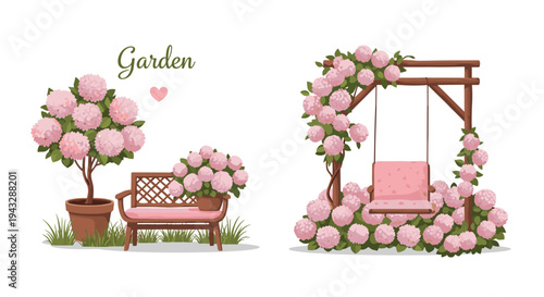 Charming garden scene with pink hydrangeas, a wooden bench, and a swing