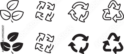 recycle icon set outline and filled leaf arrow symbols