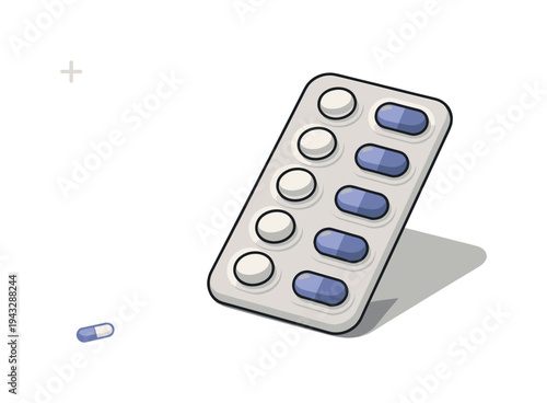 Blister pack of white and blue pills with one capsule lying nearby on a light background