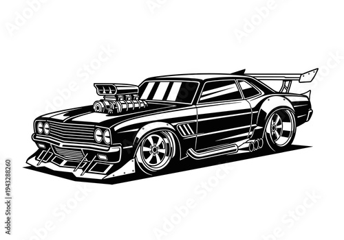 Custom Widebody Muscle Car Coupe Vector Silhouette Isolated on White Background