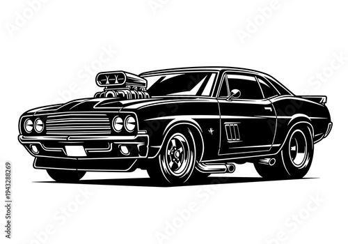 Classic Supercharged American Muscle Car Coupe Vector Silhouette Isolated on White Background