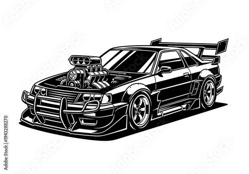 Custom JDM Sports Car with Rear Wing Vector Silhouette Isolated on White Background