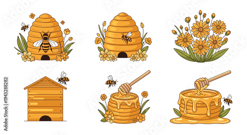 Collection of cute cartoon bees, beehives, and honey pots with flowers