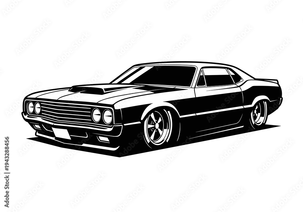 Naklejka premium Classic Lowered American Muscle Car Coupe Vector Silhouette Isolated on White Background