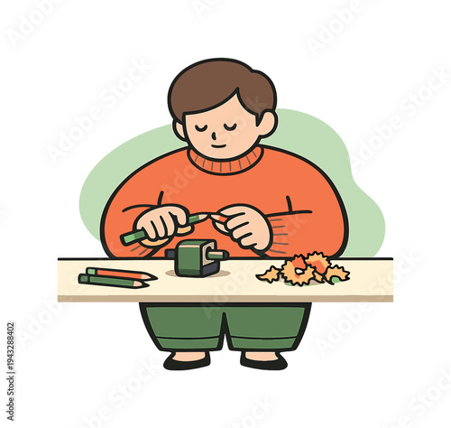 Child sharpening a green pencil with a manual sharpener at a desk with shavings
