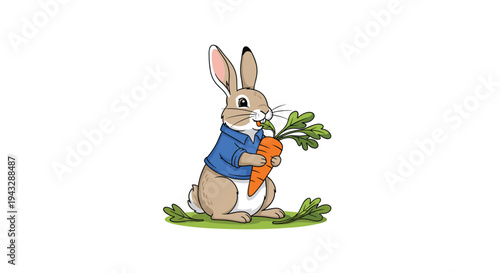 Cute cartoon rabbit in a blue shirt happily eating a fresh carrot on green grass