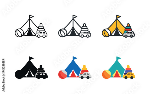 Collection of circus tent icons with toys, including a ball, stacking rings, and a toy car