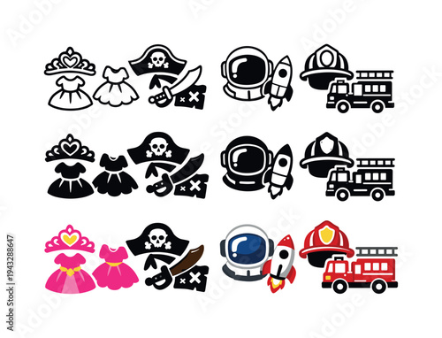 Collection of cartoon icons representing children's dreams of professions and fantasy roles