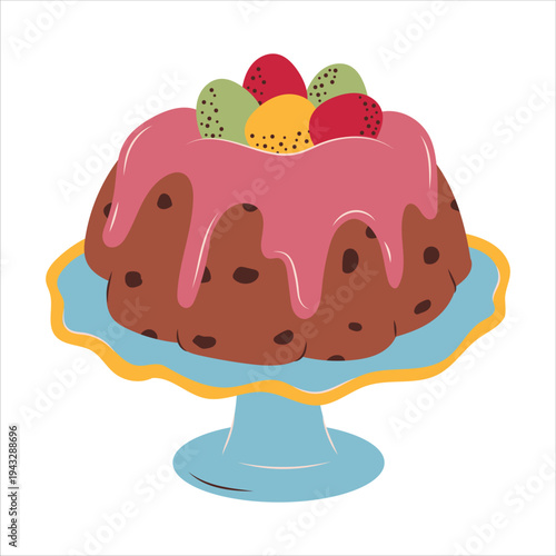 Festive Easter cake with icing and colorful eggs on stand, holiday dessert illustration
