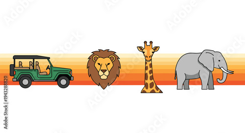 Safari adventure with a jeep, lion, giraffe, and elephant illustration