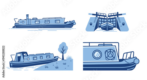 Collection of narrowboats and canal lock illustrations in a simple blue line art style