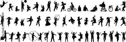 Dynamic collection of black human silhouettes engaged in various activities and poses Keywords: silhouette, human, people