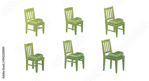 Six green chairs with open books on their seats arranged in two rows