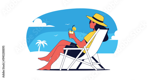 Woman in sun hat relaxing on beach chair with tropical drink and ocean view