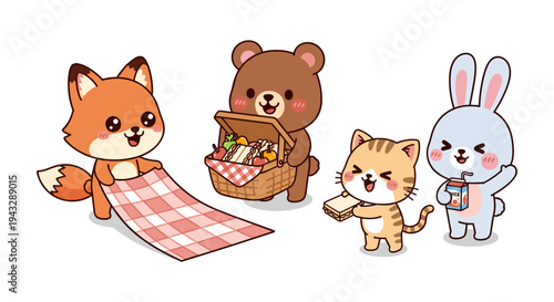 Cute cartoon animals preparing for a delightful picnic in the park with food and drinks