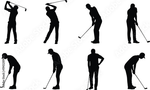 Eight Male Golfers Silhouettes in Action on White Background vector