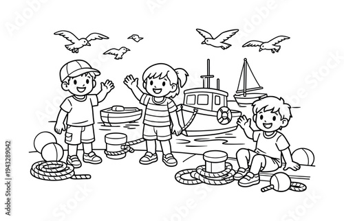 Children exploring a harbor with small boats docked, waving and smiling, seagulls flying above, ropes and buoys around, black and