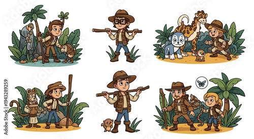 Cartoon explorers and animals in jungle setting, diverse characters on adventure