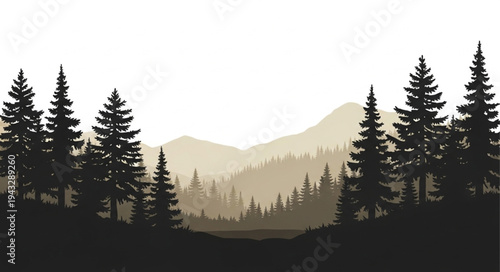 Silhouetted Pine Trees Mountain Landscape.