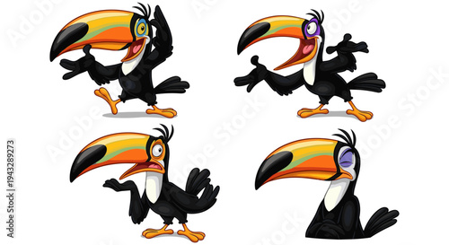 Four cartoon toucans with different expressive emotions and poses on a white background