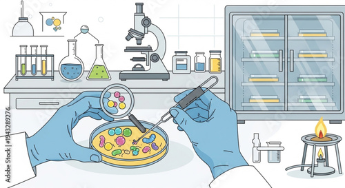 Clinical pathology laboratory research with scientist examining petri dish under microscope and incubator