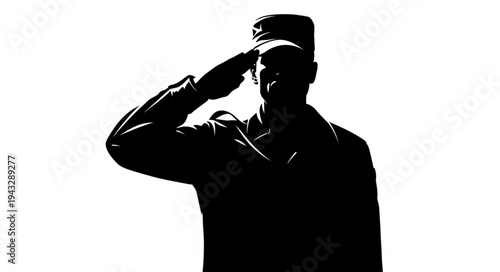 Silhouetted Soldier Saluting Against White Background.