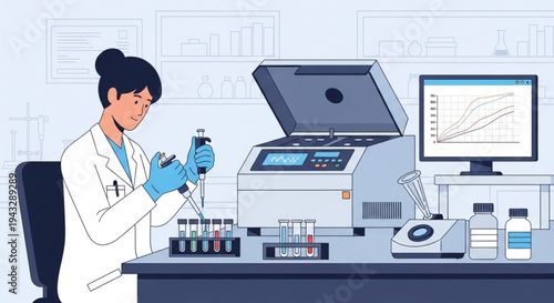 A clinical pathology laboratory scene with a scientist performing tests and analyzing results on a computer screen displaying a graph