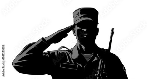 Silhouetted Soldier Saluting with Rifle.