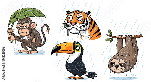 Sad cartoon animals enduring a heavy downpour with expressions of discomfort and misery