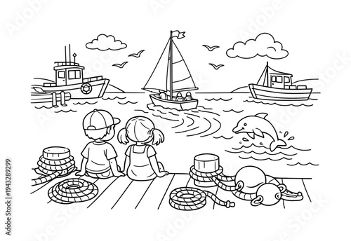 Harbor boats scene with kids watching a sailboat leaving the dock, ropes and buoys around, waves and a small dolphin jumping