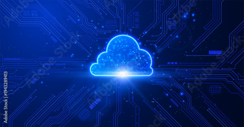 Cloud storage with circuit board, computing connection and database processor, internet and cyberspace vector background