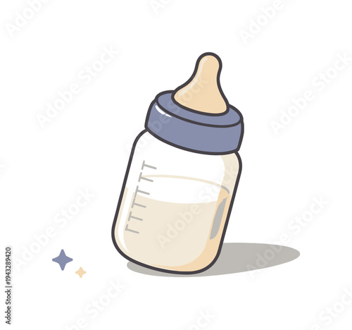 Cute cartoon baby bottle filled with milk, with small stars on a light background