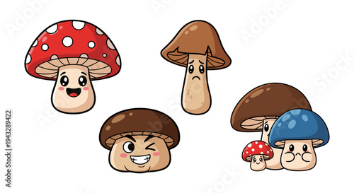 Cute cartoon mushrooms with different expressions and emotions on a white background