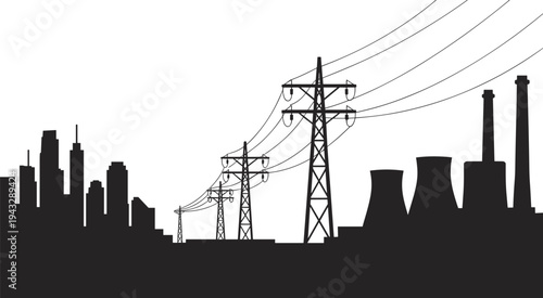 Electrical transmission towers and cooling towers against city and industrial skyline electricity power line