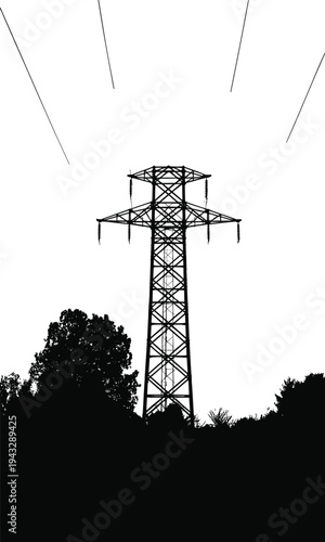 Electricity Pylon Silhouetted Against White Sky with Trees Keywords: electricity pylon, power line, transmission tower, high