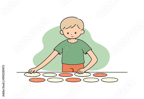 Young boy arranging a collection of plates on a table in a simple illustration style
