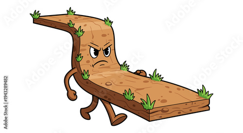 Angry cartoon dirt clod character with grass and legs walking