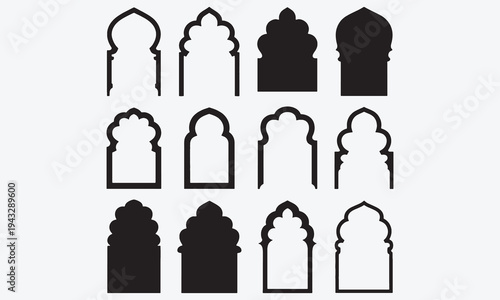 Islamic window shapes. Oriental Arabic arches silhouettes. Muslim culture decorative architecture mosque gate