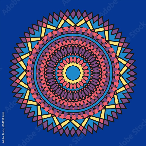 Lacy multicolored mandala, stylized flower, design element or other. Blue background. Vector illustration