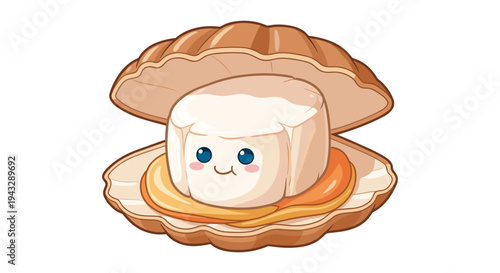 Cute cartoon scallop with a happy face inside an open seashell on a white background